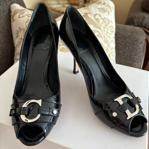Christian Dior Black Patent Leather Peep Toe Heels